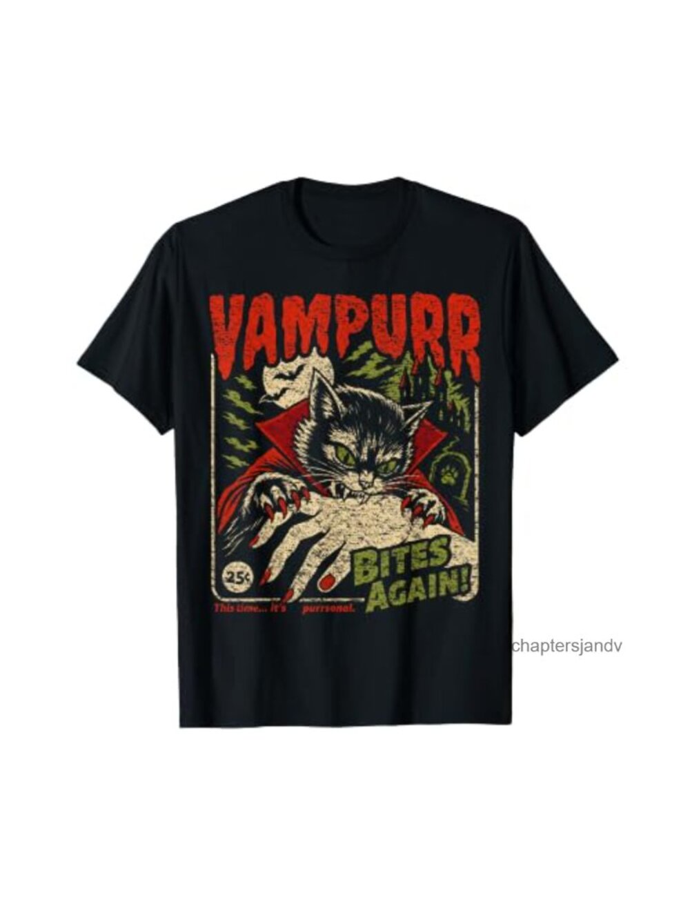 Vintage Black Cat Vampire Halloween Graphic T-Shirt Short Sleeve Tee